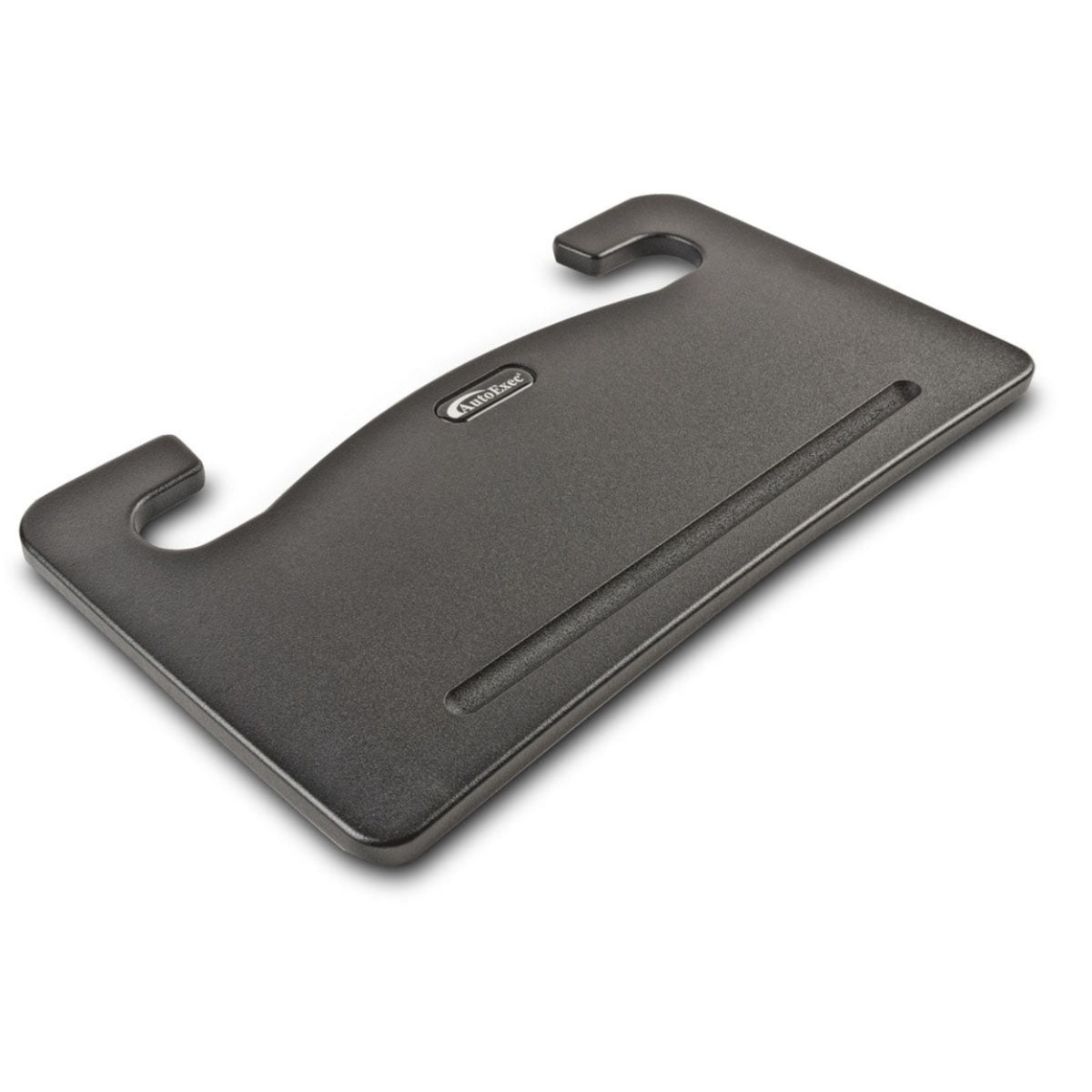 a sturdy flat black plastic rectangular tray with a curved indentation on the top meant for attachment to a vehicle&#39;s steering wheel. 