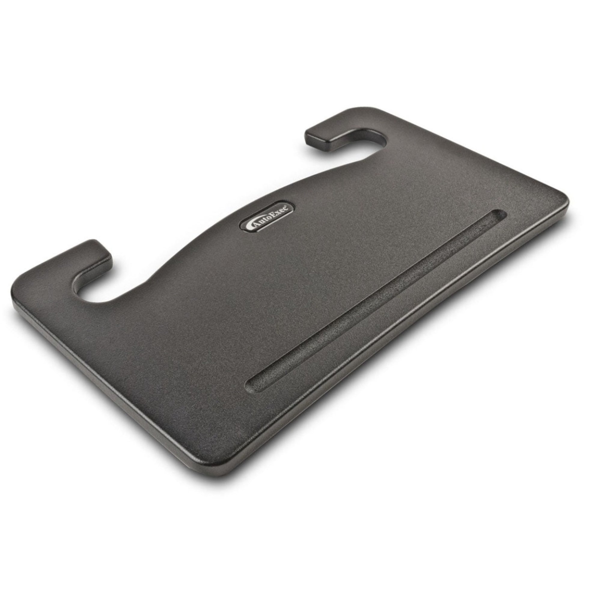 a sturdy flat black plastic rectangular tray with a curved indentation on the top meant for attachment to a vehicle's steering wheel. 