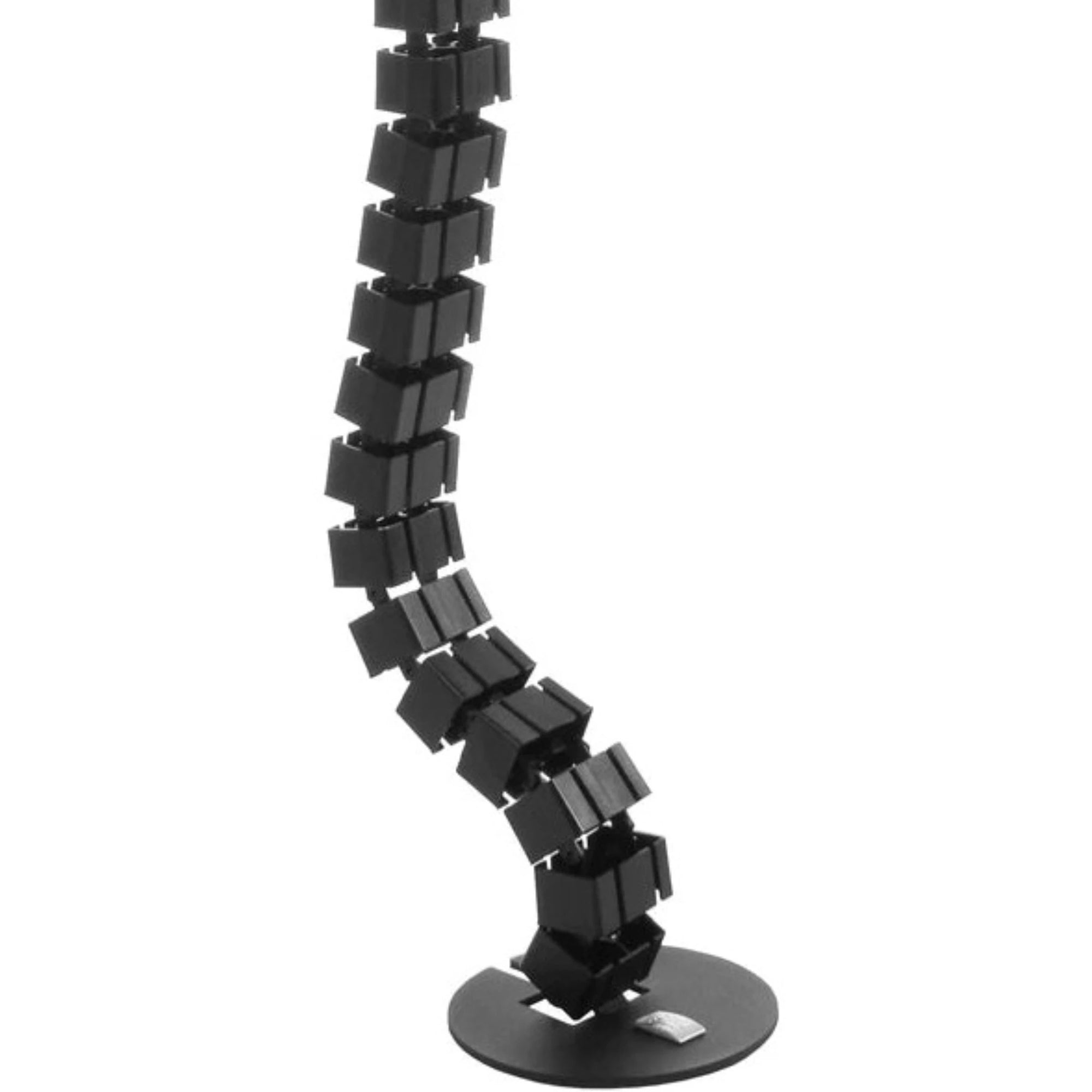 a black, vertical, flexible cable management spine with rectangular modules. This Rectangle Cable Manager is designed to neatly contain and conceal cables, providing an organized workspace and maintaining a clean aesthetic